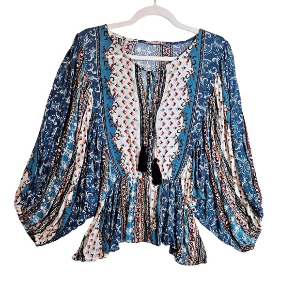 Ves Femme Tops - Bohemian Peasant Peplum Blouse M/L Balloon Sleeve‎ Tassel Patchwork Print #510